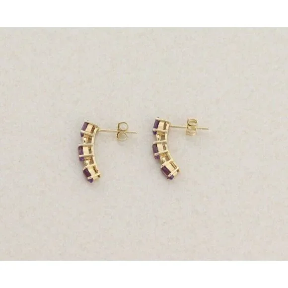 10k Yellow Gold Natural Amethyst Earrings Half Hoop - Picture 8 of 8